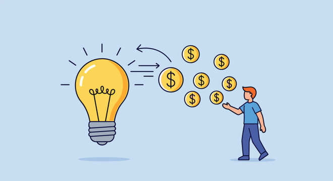Creative entrepreneur converts his bright ideas into monetary success as golden coins flow from a glowing lightbulb toward him in a simple style.