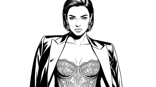 Fashion Icon in Lace Corset and Satin Blazer &ndash; Noir Ink Editorial Portrait