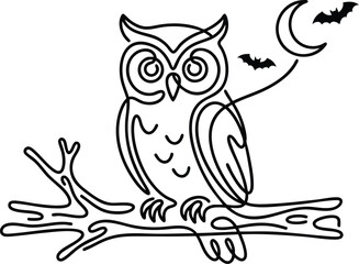 Continuous line art owl on branch with moon and bats