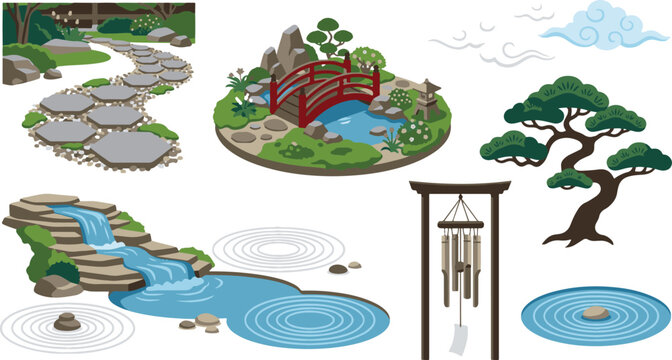 Asian garden design icons collection, oriental nature elements with water pond, sand ripples, rocks, clouds, and traditional wooden torii gate chime.