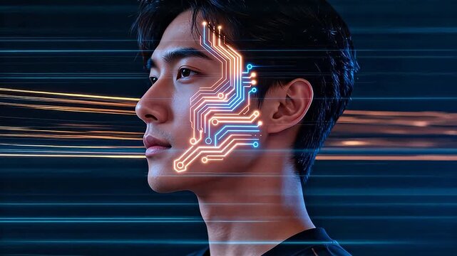 Young man with glowing circuit design on face