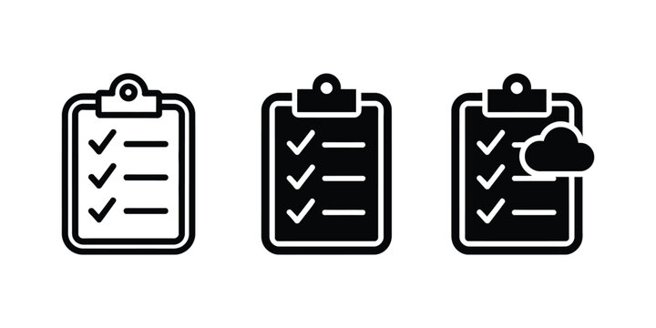 Checklist clipboard icons. task completion, to do list, survey, verification, approval, and document management symbols for business and productivity design.