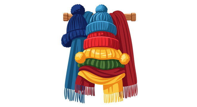 Vibrant scarves and hats in blue, green, yellow, and red hang on a wooden rack indoors.