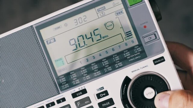 A person manually tunes a white portable multi-band radio with a large knob. The detailed LCD display shows FM frequency numbers increasing while searching for a broadcast signal.