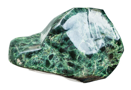 specimen of mineral from geological collection - polished natural green jadeite rock isolated on white background from Iran