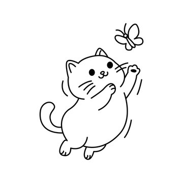 Cute Cat Chasing Butterfly Line Icon Illustration