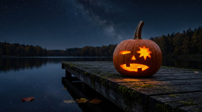 Halloween Glowing Jack O Lanterns Under Full Moon with Candles and Raven, Spooky Night Background