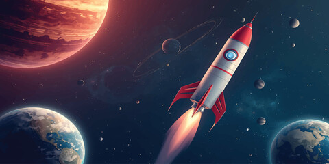 Space Shuttle Launch Exploration in Space with Rocket Ship, Moon, Stars, Galaxy and Astronaut Cartoon Vector Illustration for Science and Technology Concept © Al