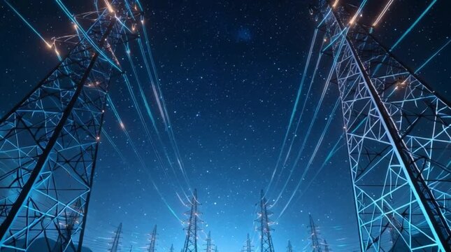 stylized, futuristic row of electrical transmission towers at night under a starry sky