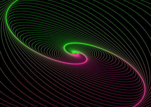 Abstract neon spiral vortex line art on black background