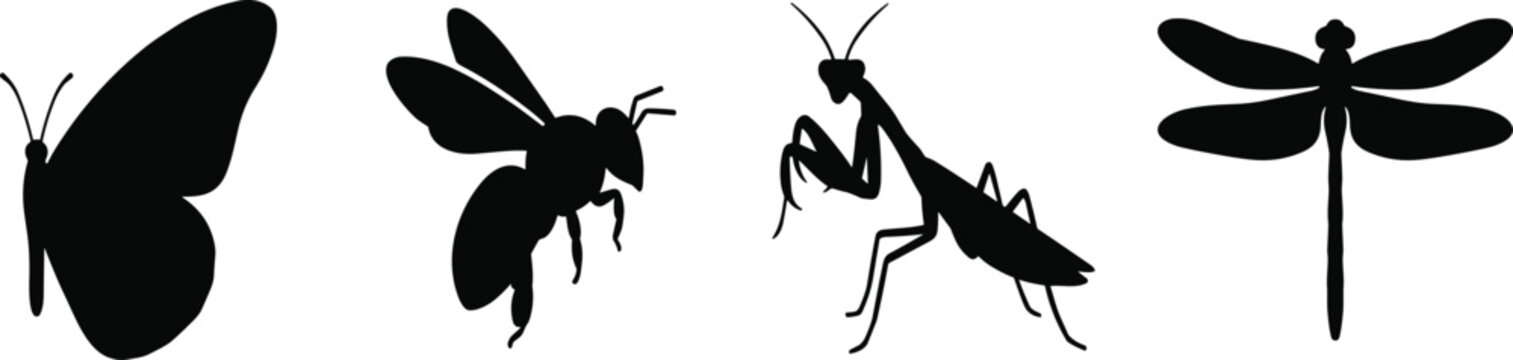 Black silhouette insect vector set with butterfly, bee, praying mantis, and dragonfly for nature design