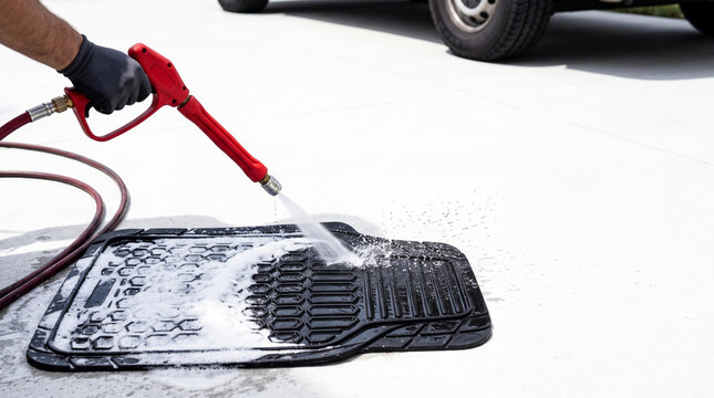 Man cleaning dirty car floor mat with high pressure water jet. Professional auto detailing worker washing rubber vehicle accessory. Home driveway car maintenance and cleaning service.