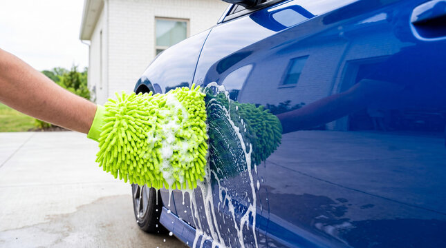 Man washing blue car with microfiber mitt at home. Professional mobile auto detailing service cleaning vehicle exterior. Maintaining shiny paint finish using soapy water and sponge glove.
