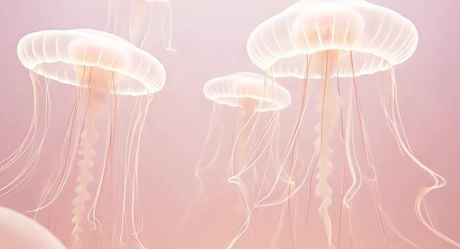 Ethereal Translucent Jellyfish-Like Membranes Floating in a Dreamy Soft Pink Atmosphere