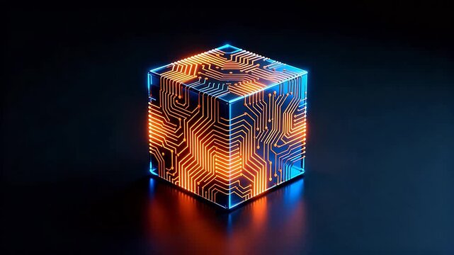 Cubic circuit board design with glowing lines