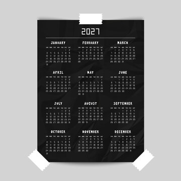 Calendar for 2027 year on black crumpled paper poster mockup