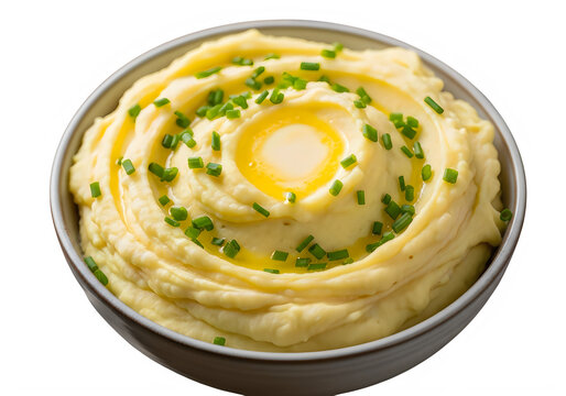Creamy mashed potatoes with melted butter and fresh chives isolated on transparent background, isolated on white background