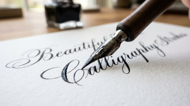Professional calligraphy pen writing beautiful calligraphy word on white textured paper.