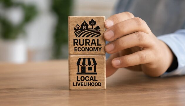 Hand holding wooden blocks with rural economy and local livelihood text on a table  supporting community development