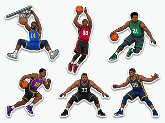 Basketball Player Sticker Set - Dynamic Action Vector Illustrations of Athletes Dunking, Shooting, and Dribbling © Salsa