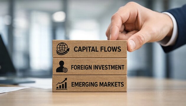 Hand placing wooden block with capital flows text on desk in office with foreign investment and emerging markets blocks