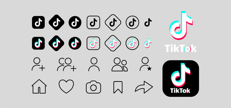 A complete collection of logos and interface icons for the TikTok app, covering various design styles for digital brand identity; high-quality resources ideal for social media marketing projects