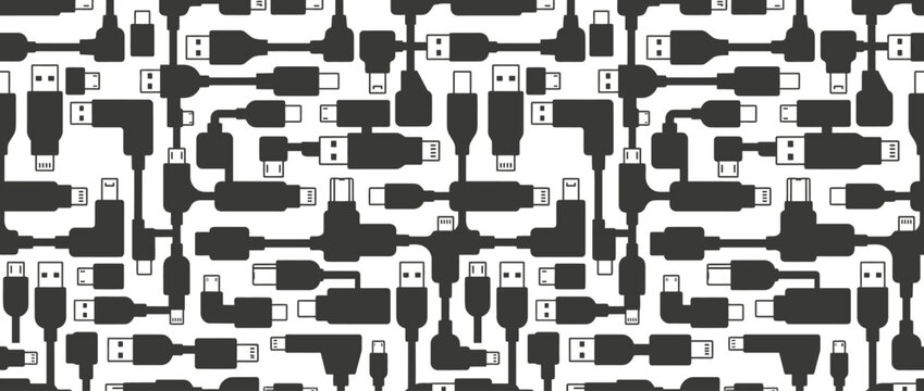 Seamless Pattern of USB Cables and Connectors - Technology Background