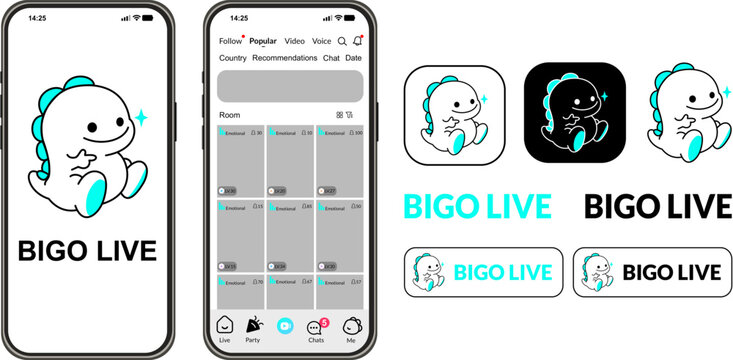 Elements of the Bigo Live mobile app displayed on smartphones showing interface screens; these include the official logo featuring the friendly dragon mascot and various typographic variations