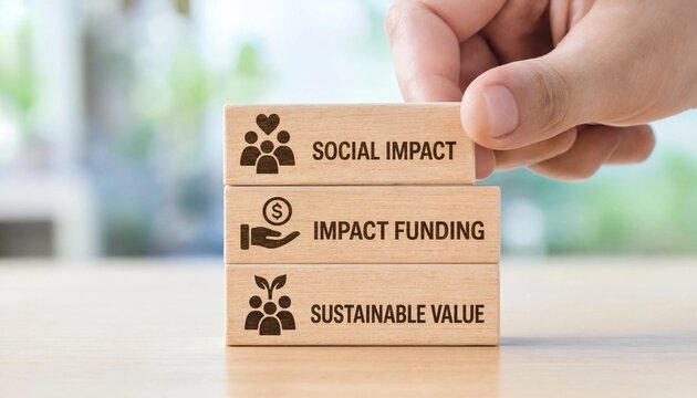 Hand placing wooden block with social impact text on top of impact funding and sustainable value blocks on table