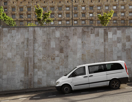 Tbilisi, Georgia - May 14, 2026: parking VW Volkswagen California CARAVELLE 2 Transporter T5 on city road. Red VW multivan riding on street. Commercial on city town background. White minibus mini bus