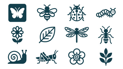 Set of twelve minimalist flat icons representing garden insects and nature, including butterfly, bee, ladybug, caterpillar, flowers, leaves, dragonfly, ant, snail, and grasshopper. © Latifatul