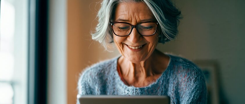 Senior woman smiles while using tablet device. 64k 8k widescreen, HDR