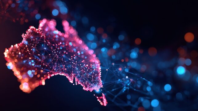 Digital technology map of Australia with network connection nodes