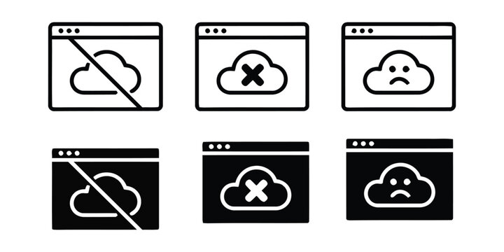 Cloud service status icon set, error, offline, or sad cloud symbol, cloud computing issue vector