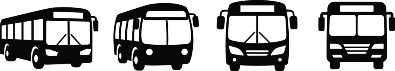 Public transport bus front view icons set flat black and white school bus vector illustrations on white background © Yesrath Hasan Sobuj