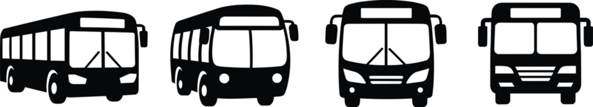Public transport bus front view icons set flat black and white school bus vector illustrations on white background