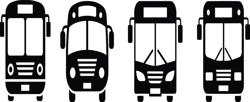 Public transport bus front view icons set flat black and white school bus vector illustrations on white background