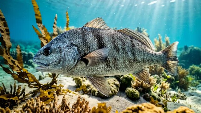 drum fish swimming in florida coral reef underwater morning light close up video