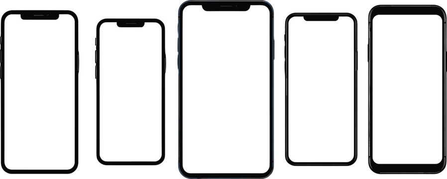 Smartphone vector mockup set with blank white screens and dynamic island notch isolated on a clean white background
