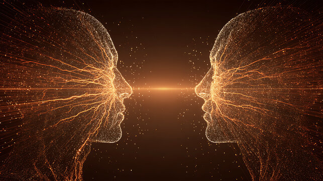 Two Digital Human Profiles Connected by Neural Energy for AI Communication Concept