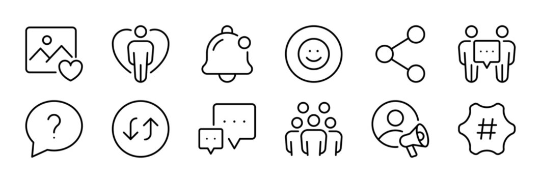 Social Engagement thin line icon set. Communication, Media, Community, Audience Interaction. Black outline vector icons collection.
