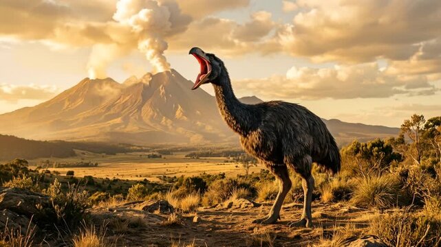 dromornis stirtoni angry in australian outback volcanic landscape golden light video