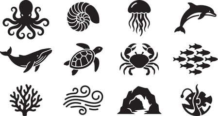Ocean sea creatures icons, marine life symbols, black silhouette set, vector graphics © Faisal Maseeha