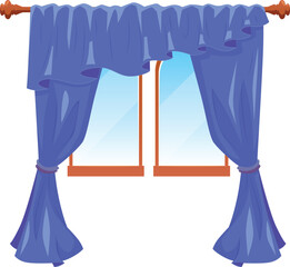 Window with blue curtains and draperies on cornice tied on sides of tassel, vector flat interior design textile shade © sabelskaya