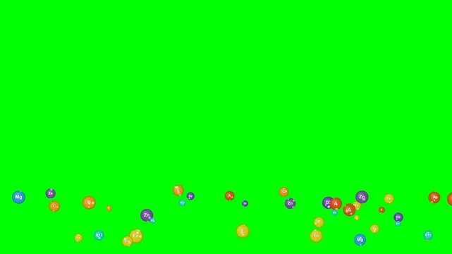 Vitamin Mineral Green Screen Overlay.Vitamin Mineral Green Screen Overlay. Colorful vitamin and mineral spheres floating on green screen. Perfect for health, nutrition, or healthcare video compositing