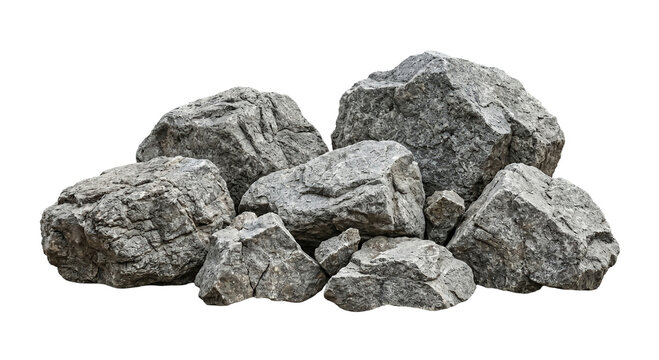 Natural rough granite stones pile isolated PNG on white background with construction PNG on white background