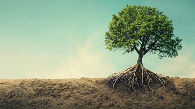 Solitary green tree with extensive exposed roots above soil against a clear blue sky, symbolizing growth, stability, resilience and environmental concepts