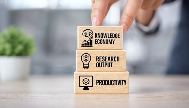 Wooden blocks with knowledge economy research output and productivity concepts  business growth and development