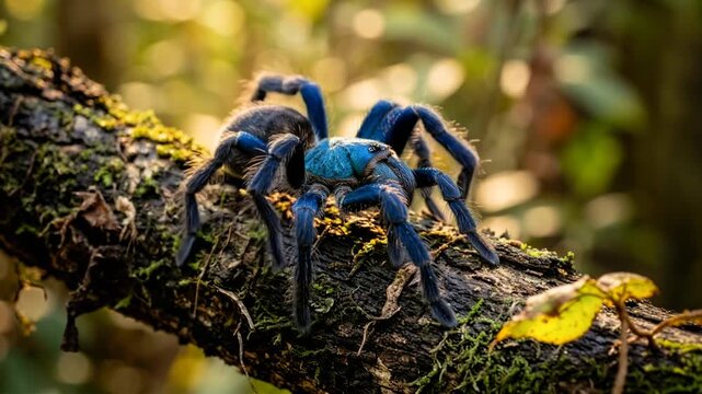 cobalt blue tarantula moving in tropical forest golden light close up video