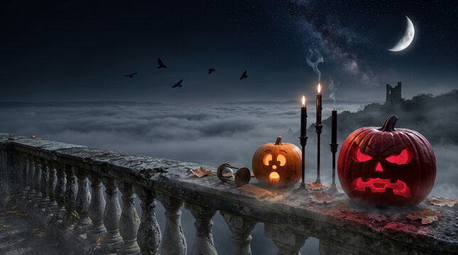 Halloween Glowing Jack O Lanterns Under Full Moon with Lantern and Candles, Spooky Night Fantasy Background
